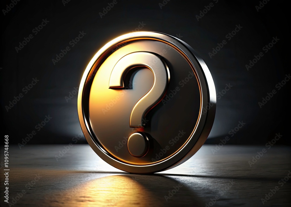 Poster 3d question mark badge sign on dark background - conceptual photography representing confusion and p