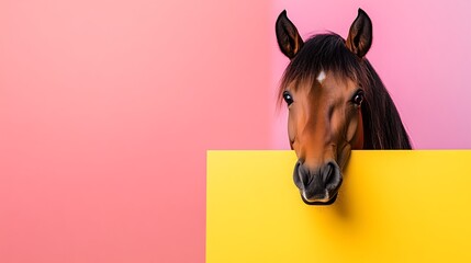 Curious Chestnut Horse Peeking Over Yellow Sign, Pink Background. AI Generated