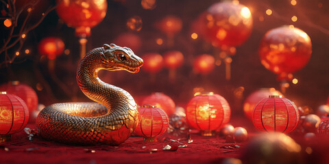 Obraz premium 2025 Chinese lunar new year concept, year of the snake. Golden snake on a red background with red lanterns.