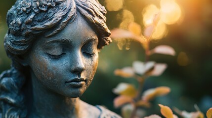 A serene bronze statue of a young girl with closed eyes, surrounded by soft foliage.