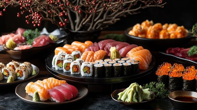 A beautifully arranged sushi platter featuring various types of sushi and garnishes.