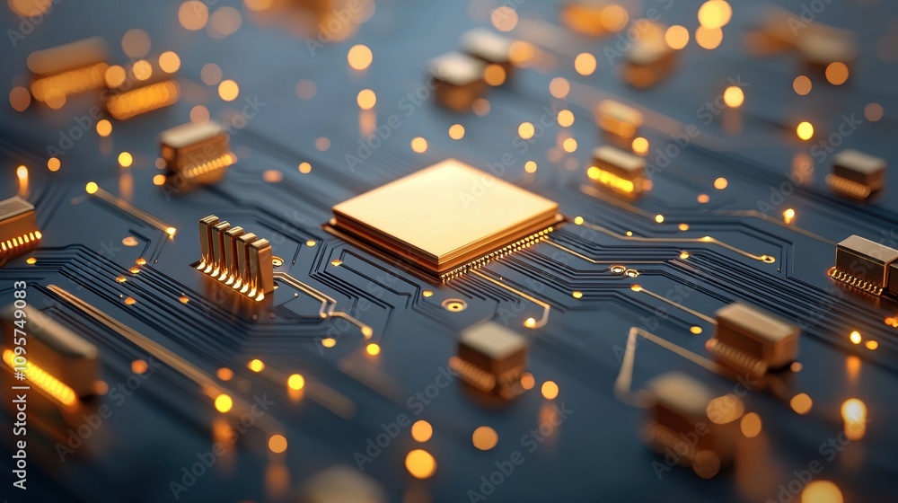 Poster a close up shot of a computer processor with its intricate circuitry and golden contacts, highlighti