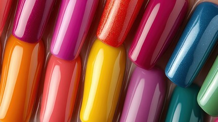 A vibrant collection of nail polish bottles showcasing various colors and finishes.