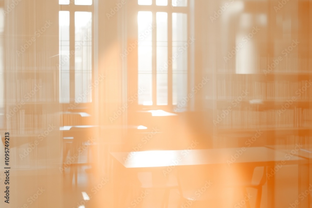 Poster a softly lit classroom with tables, filtered through sheer curtains.