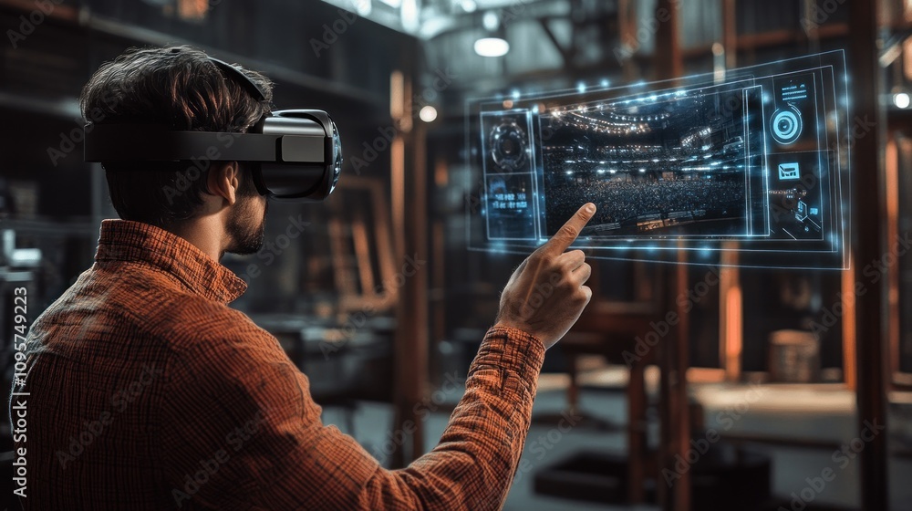Poster a man using virtual reality technology to interact with a holographic display.