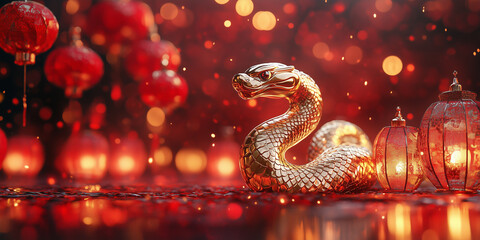 Chinese lunar new year snake, year of the snake. Golden snake on a red background with lanterns.