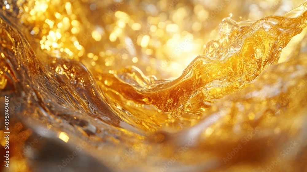 Poster a close-up view of shimmering golden liquid, highlighting its texture and movement.