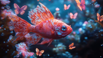 A vibrant goldfish swims amidst colorful butterflies in an enchanting underwater scene.