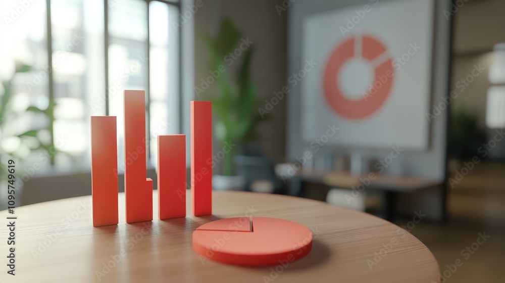 Aufkleber A modern office setting featuring bar graphs and a pie chart on a wooden table.