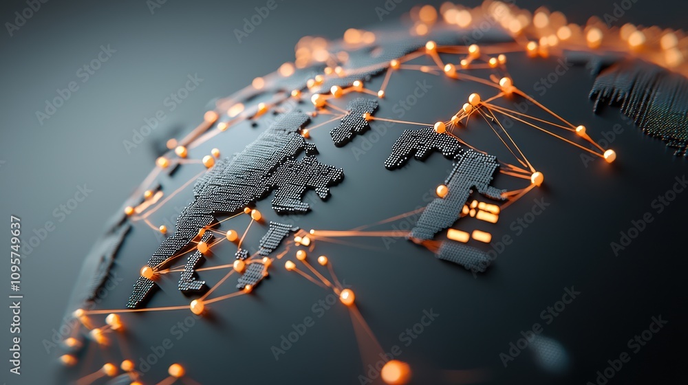 Poster 3d rendering of a sleek, futuristic globe with glowing lines connecting major cities, representing g