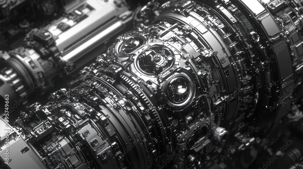 Poster a close-up view of intricate metallic machinery with gears and circuits.