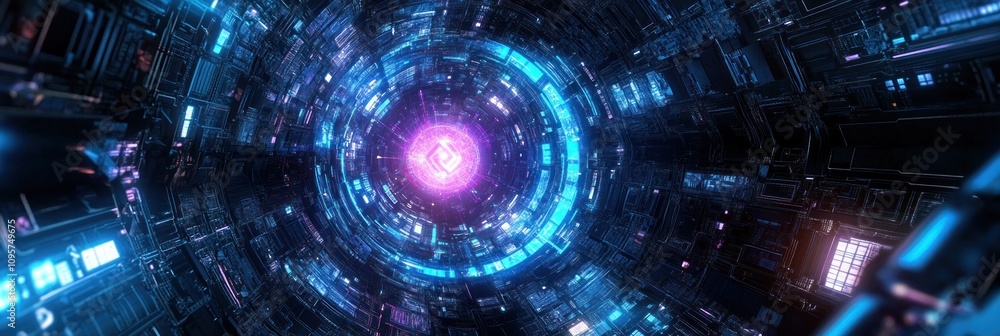 Poster a futuristic tunnel with glowing lights and a central energy source.