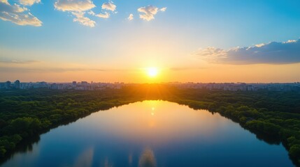 Obraz premium A beautiful sunset over a lake with a city in the background