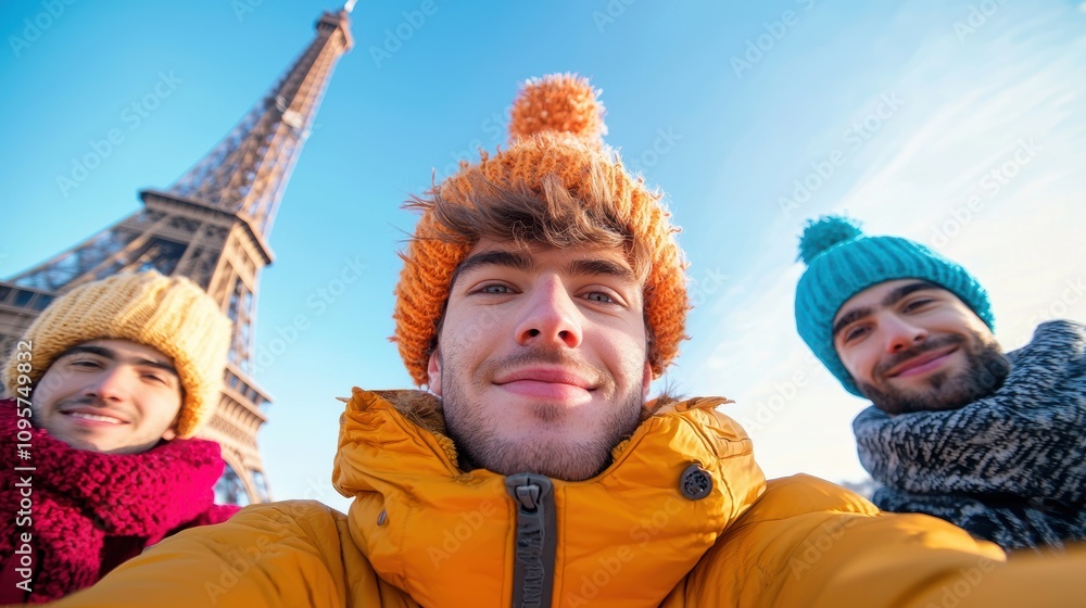 Poster group of friends from different cultures posing for a selfie with smiling faces against the backdrop