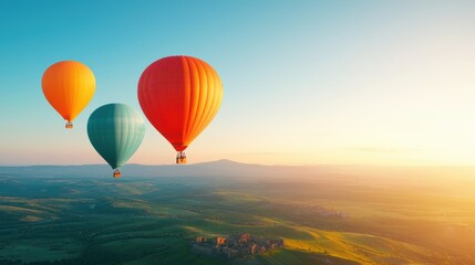 Fototapeta premium Colorful hot air balloons floating over a picturesque landscape dotted with ancient ruins, evoking a sense of wonder and adventure associated with global travel.