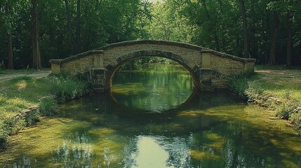 Fototapeta premium Serene Stone Bridge Over Calm River in Lush Green Forest