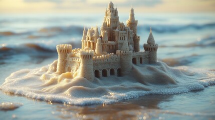 A detailed sandcastle stands on the beach, surrounded by gentle ocean waves at sunset.