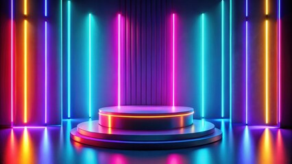 Abstract background with a colorful product stand under neon lights and a glowing podium on a stage , blue, pink