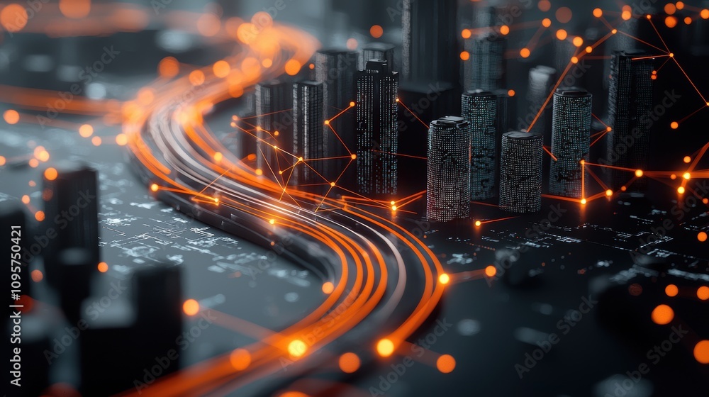 Poster a network of interconnected nodes and data streams flowing across a futuristic cityscape, representi
