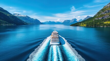 A large cruise ship is sailing on a blue ocean with mountains in the background