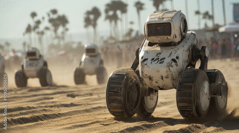 Poster robots navigating a sandy beach, showcasing technology in a recreational environment.