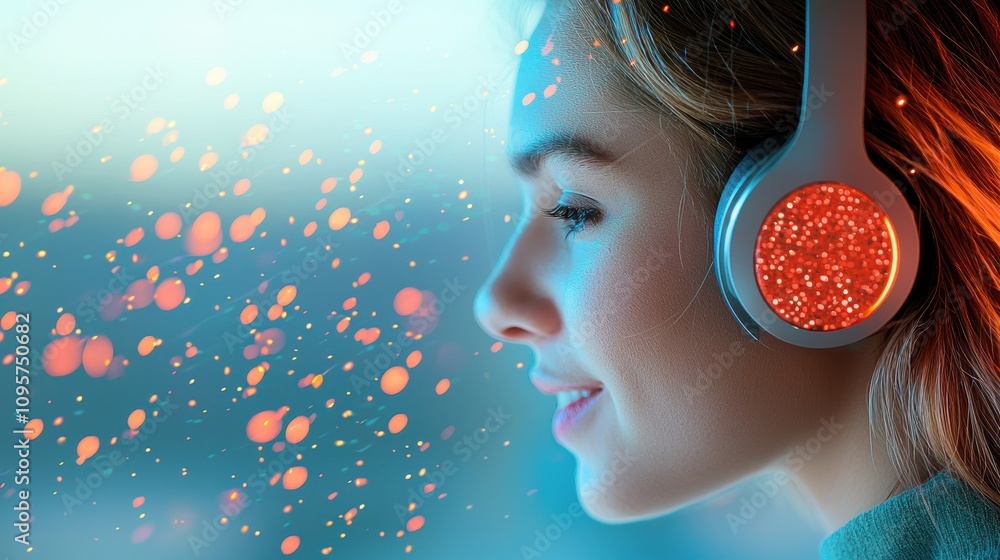 Poster a student wearing headphones, participating in a live virtual classroom session, connecting with ins