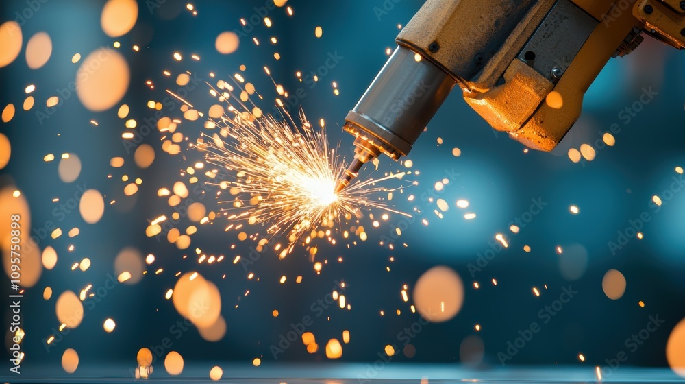 Poster a robotic arm performing a precision welding task in a factory setting, illustrating the role of aut