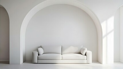 A serene and stylish image of a contemporary beige sofa positioned in a minimalist, arched alcove