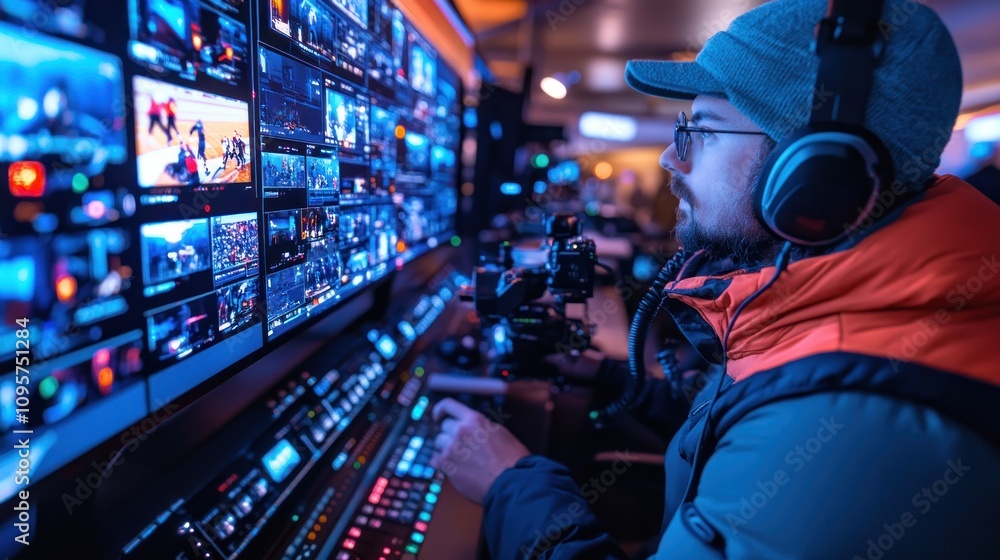 Poster a technician operates a video control panel surrounded by screens displaying various feeds.