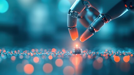 A close up shot of a robot hand delicately picking up a small object, demonstrating the precision and dexterity of modern robotics.