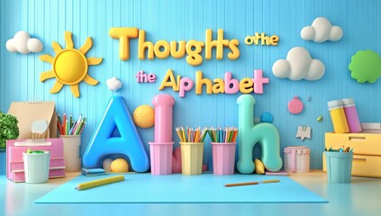 Colorful Cartoon School Background with "Thoughts on the Alphabet", Pastel Letters A and B Surrounded by Stationery Items