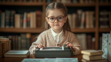 A young girl with glasses engages with a learning device in a cozy library setting.