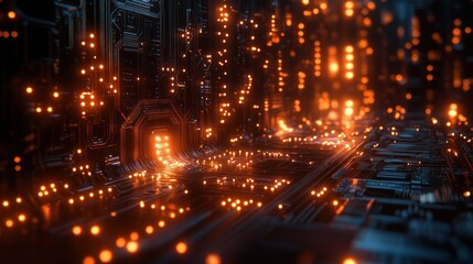 Obraz premium A futuristic digital landscape with glowing orange lights and intricate circuitry.