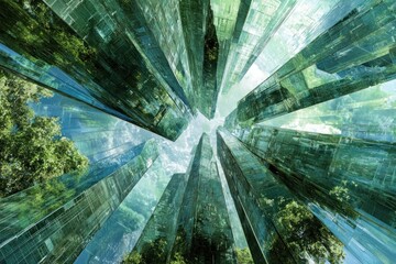 A futuristic cityscape with towering glass structures and lush greenery.