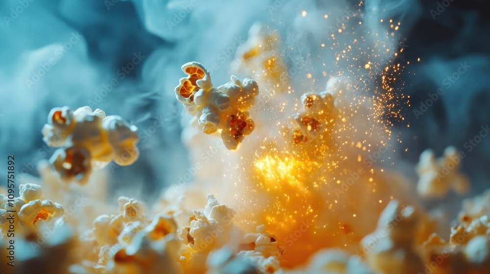 Poster exploding popcorn with sparks and smoke, creating a dynamic and energetic visual effect.