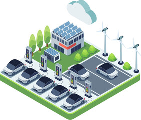 Isometric Electric Cars at EV Charging Station and Infrastructure