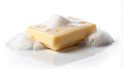 Naklejka premium Soap with foam isolated on white background, soap, foam, bubbles, cleanliness, hygiene, washing, shower, bath, beauty, skincare