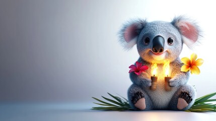 A cute koala holding candles and flowers, exuding a cheerful and festive atmosphere.