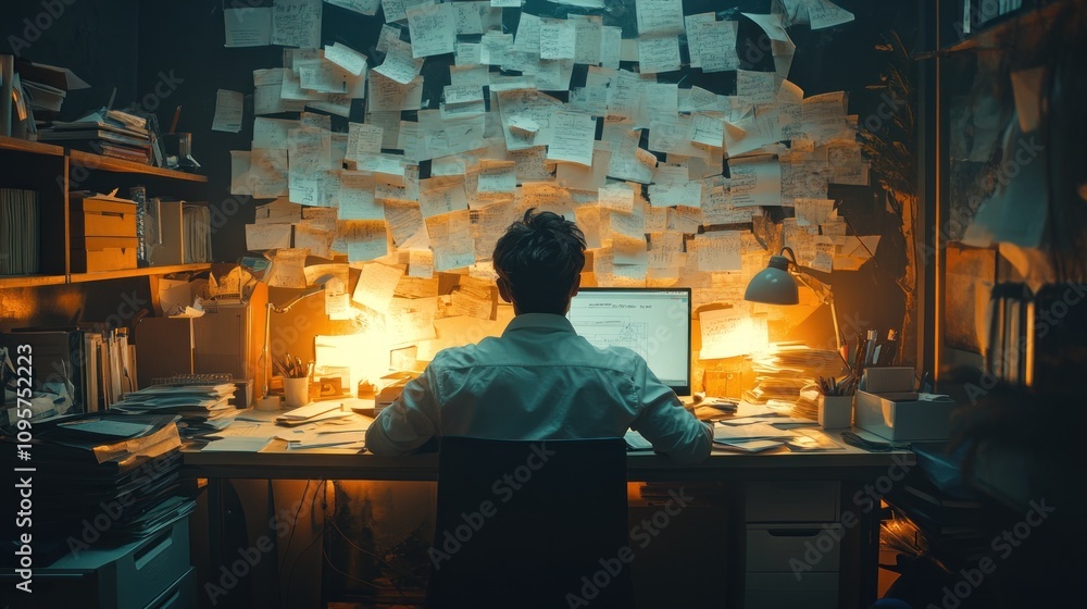 Poster a person working late at a cluttered desk surrounded by notes and glowing screens.