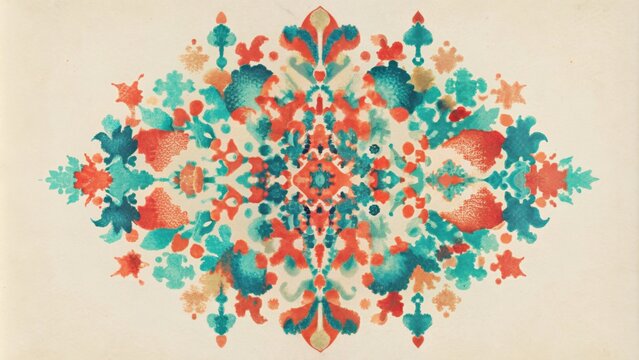Retro risograph printed abstract geometric rorschach test with messy organic geometry, retro, risograph, abstract, geometric
