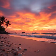 Obraz premium Tranquil Tropical Sunset Over Palm-Lined Beach with Colorful Sky Reflections