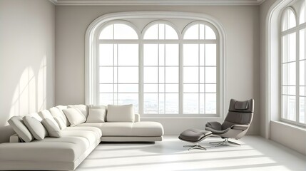 A bright, airy, and modern minimalist living room interior, featuring a beige sectional sofa and matching armchairs