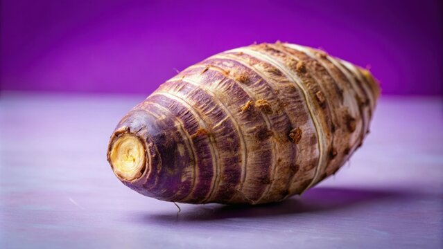 Close-up of taro root vegetable against a purple background, taro, root vegetable, eddo malanga, close-up, food