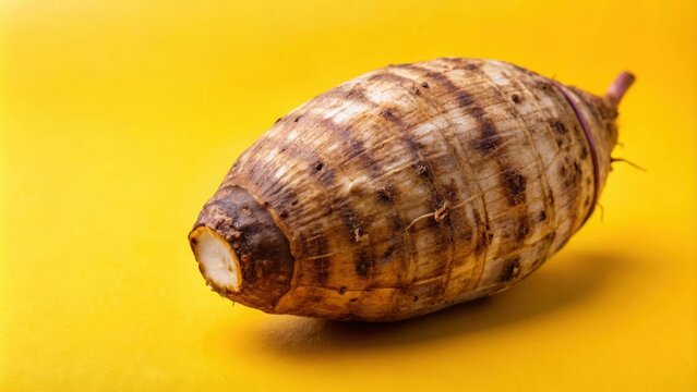 Closeup of taro root vegetable, eddo malanga, on a yellow background, taro, root vegetable, closeup, eddo malanga