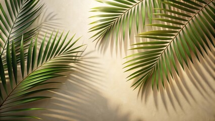 Naklejka premium Neutral background with palm fronds casting shadows , palm, fronds, shadows, background, neutral, tropical, foliage