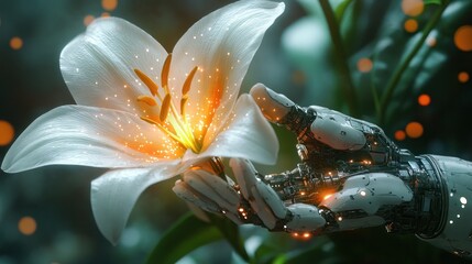 A robotic hand delicately holds a glowing flower, blending nature and technology.
