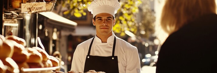 A chef stands at a bakery stall, engaging with a customer amidst fresh pastries.
