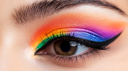 Obraz premium Close-up shot of a person applying vibrant and colorful eyeshadow makeup featuring a rainbow gradient effect, showcasing artistic beauty and creativity.