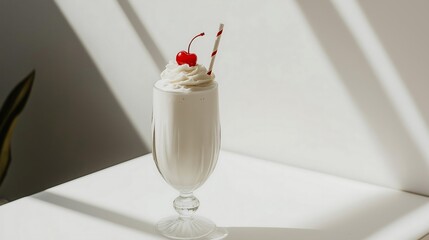 A creamy milkshake topped with whipped cream and a cherry, elegantly presented in a clear glass against a bright, minimalist background.