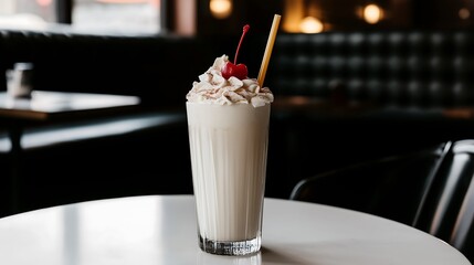 A rich, creamy milkshake topped with whipped cream, a cherry, and a straw, served in a tall glass on a table in a cozy, stylish setting.